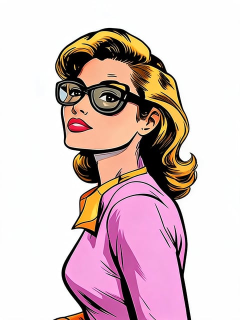 Illustration of a woman with blonde wavy hair and black-framed glasses wearing a pink cardigan and yellow scarf, depicted in retro comic style