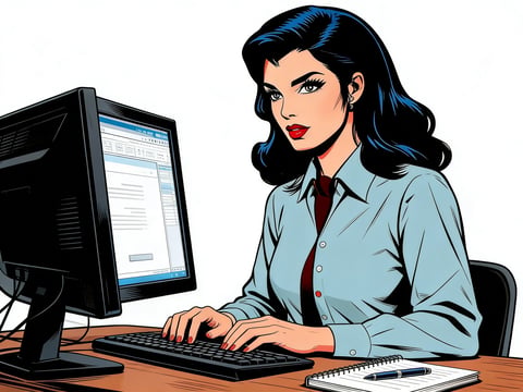 Professional woman with dark hair working at a computer desk, wearing a light blue shirt and red tie