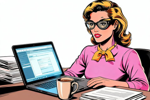 Woman with blonde hair and glasses working at desk with laptop, coffee mug, and papers in a retro pop art style