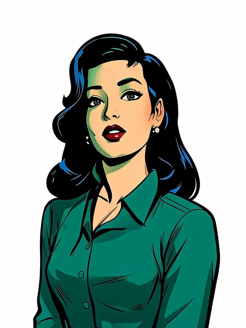 Pop art style illustration of a woman with black wavy hair wearing a green shirt and red lipstick, facing forward