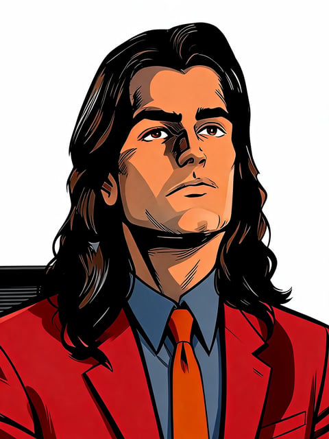 Illustration of a man with long black hair wearing a red blazer, blue shirt, and red tie
