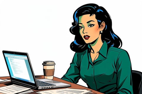 Professional woman with black wavy hair wearing a green shirt, sitting at a desk with a laptop and coffee cup