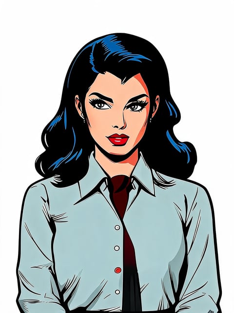 Pop art illustration of a woman with black wavy hair, red lipstick, wearing a light blue button-up shirt and dark tie