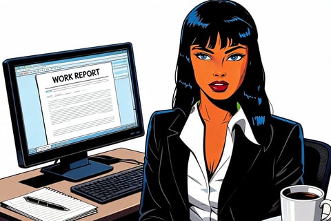Professional woman in black blazer at desk with computer displaying work report, coffee cup, and documents