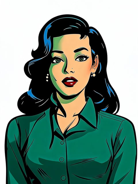 Pop art style portrait of a woman with black wavy hair, red lipstick, wearing a green button-up shirt against a white background