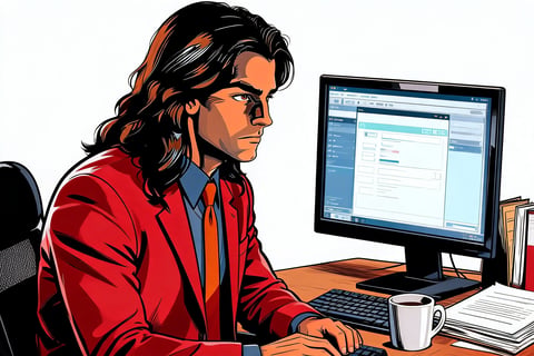 Man with long dark hair wearing a red jacket sitting at desk with computer monitor, keyboard, and coffee mug