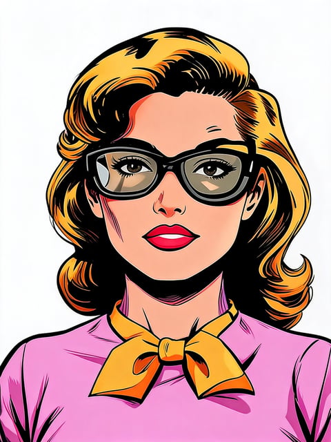 Pop art illustration of a woman with blonde wavy hair, black-rimmed glasses, pink lipstick, wearing a pink top with a gold bow tie
