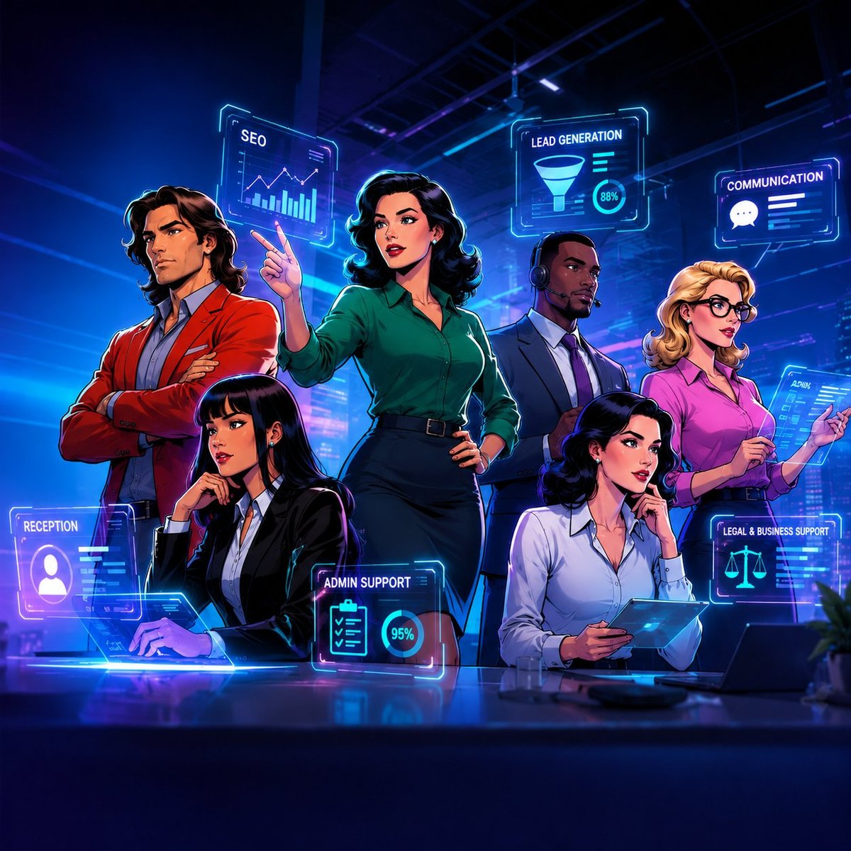 Six diverse business professionals posed with glowing digital icons representing SEO, lead generation, communication, reception, admin support, and legal services on a blue tech background