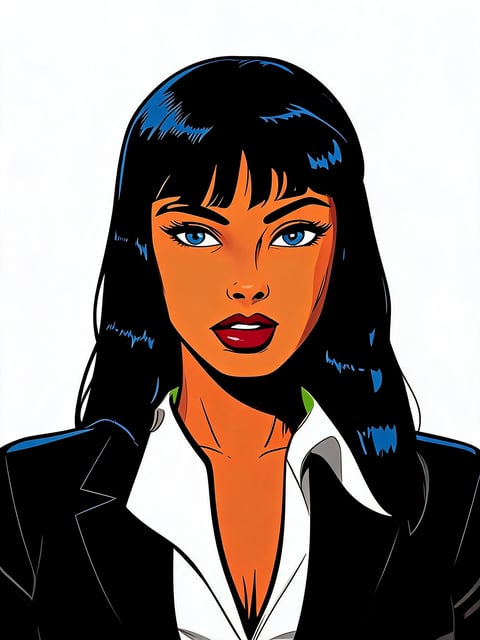 Pop art style illustration of a woman with long black hair, orange skin, blue eyes, and red lips wearing a black blazer over a white shirt
