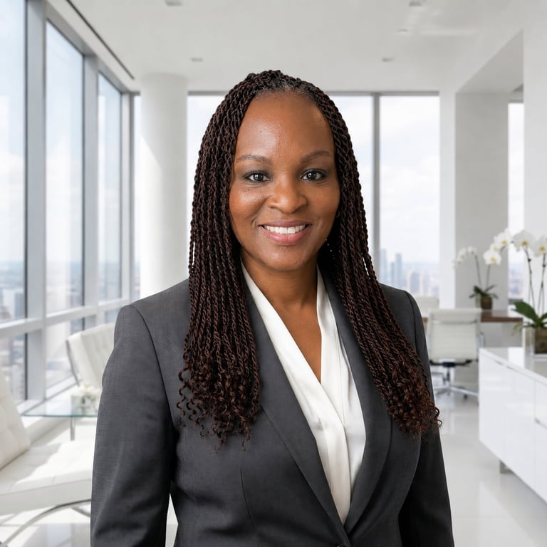 Professional portrait of a woman with long braided hair wearing a dark blazer and white blouse in a modern office setting