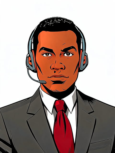 Illustration of a man with orange skin wearing a gray suit, red tie, and headset against white background