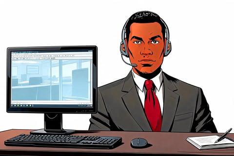 Professional man in business attire sitting at desk with computer monitor displaying architectural plans, keyboard, mouse, and papers