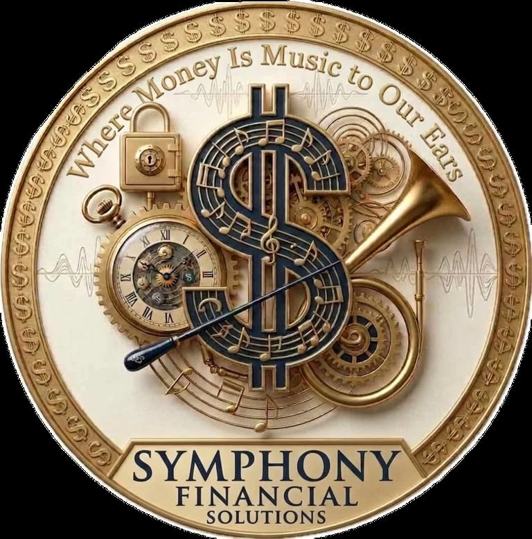 Symphony Financial Solutions logo featuring a dollar sign with musical instruments, clocks, and text stating Where Money Is Music to Our Ears