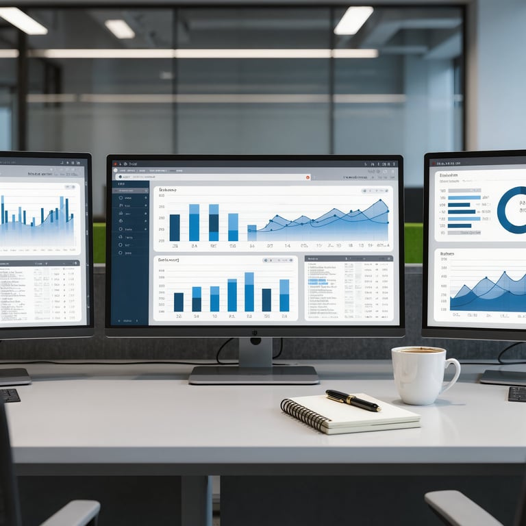 Three monitors displaying business analytics dashboards with bar charts and graphs, demonstrating comprehensive SEO performance tracking