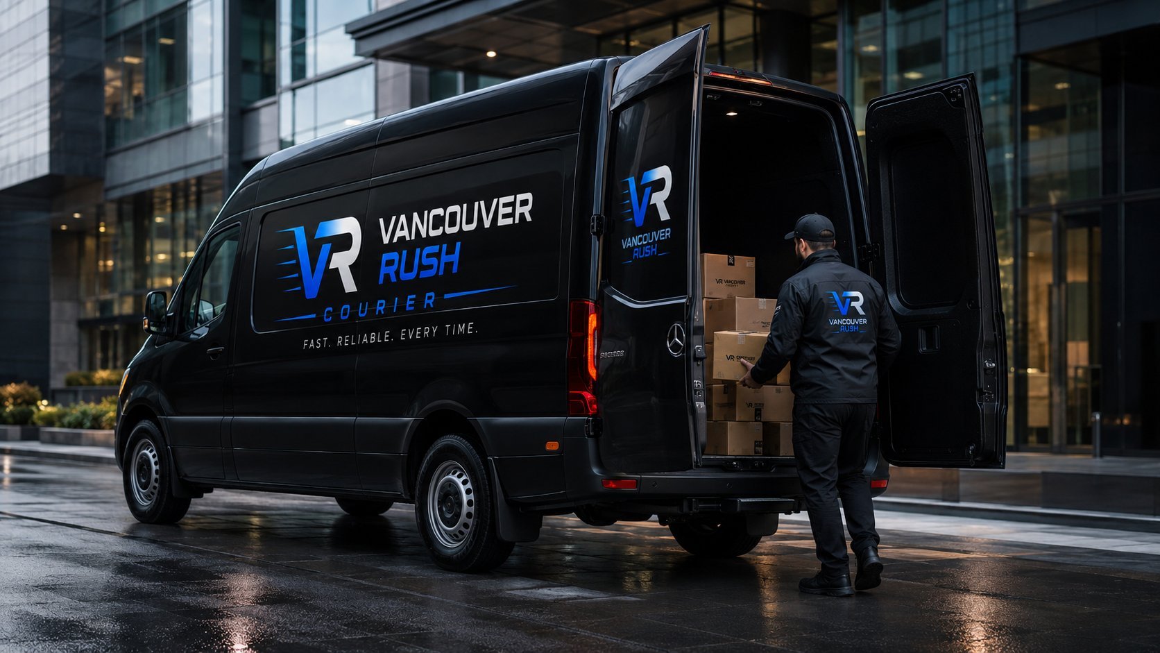 Black Vancouver Ride delivery van parked on wet street with driver loading packages, modern buildings in background