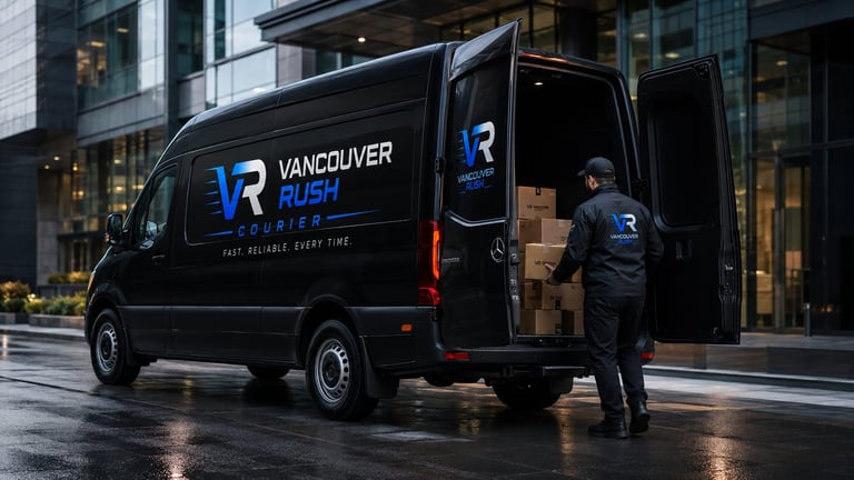 A black delivery van branded Vancouver Rise parked on a wet street with a driver loading or unloading packages near a modern building.