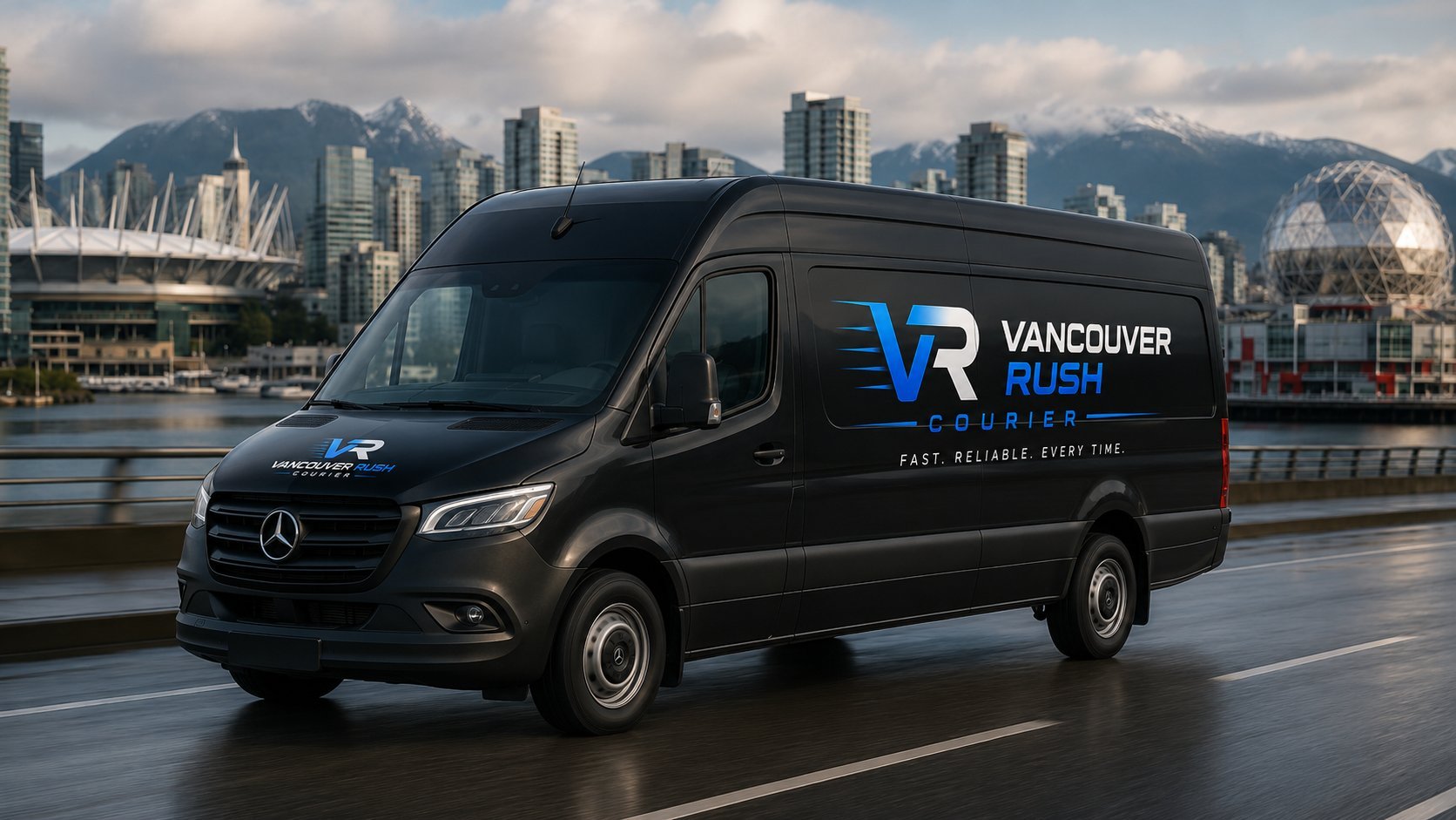 Black Mercedes van with VR Vancouver Realtor branding parked on wet pavement with mountains and cityscape in background