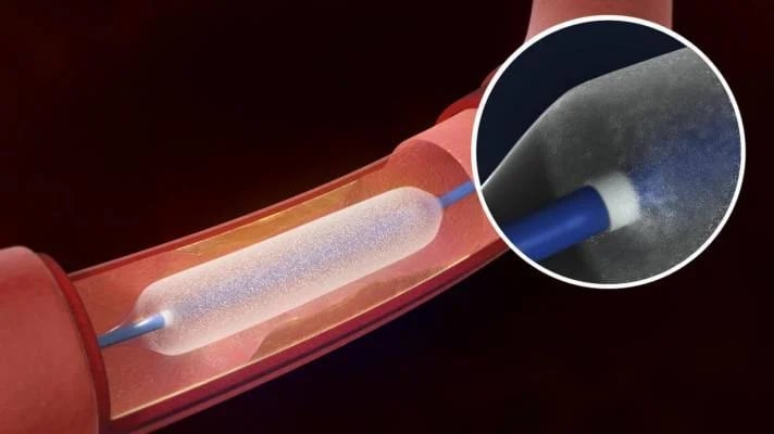 Syringe with medication and magnified closeup showing blue liquid being administered through needle
