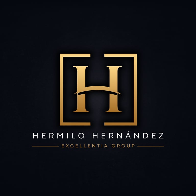 Hermilo Hernandez Excellentia Group logo — gold double H monogram on black