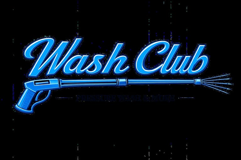 Neon blue glowing Wash Club logo with pressure washer spray gun design on black background