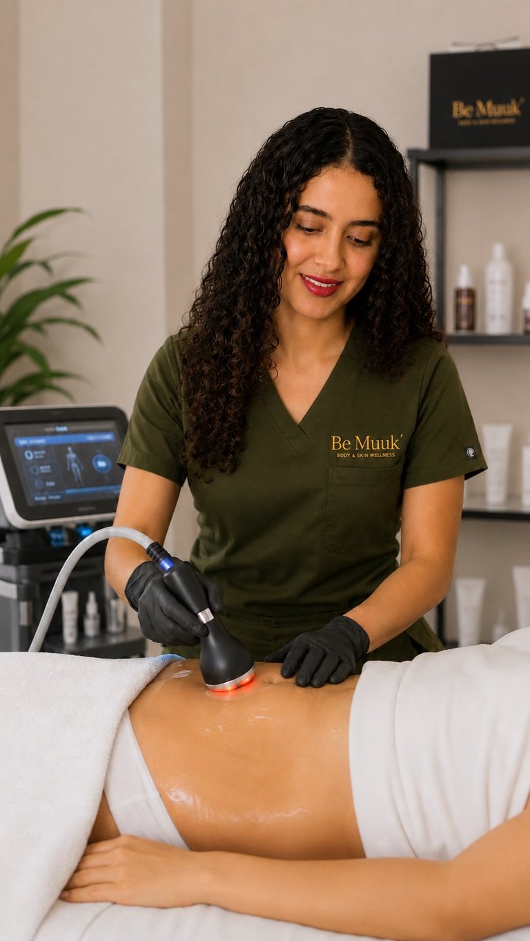 Esteticista realizando un tratamiento con láser en el brazo de una paciente en el spa Be Muuk' con equipo y repisas al fondo