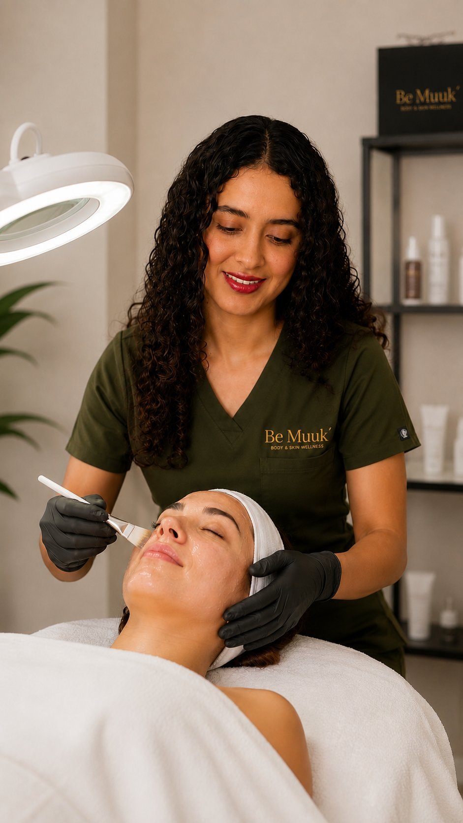 Esteticista realizando un tratamiento facial con brocha a una paciente en un salón de belleza profesional