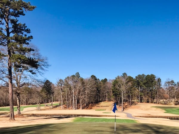 Golf course green with flag on a clear day, surrounded by trees and sandy bunkers under blue sky
