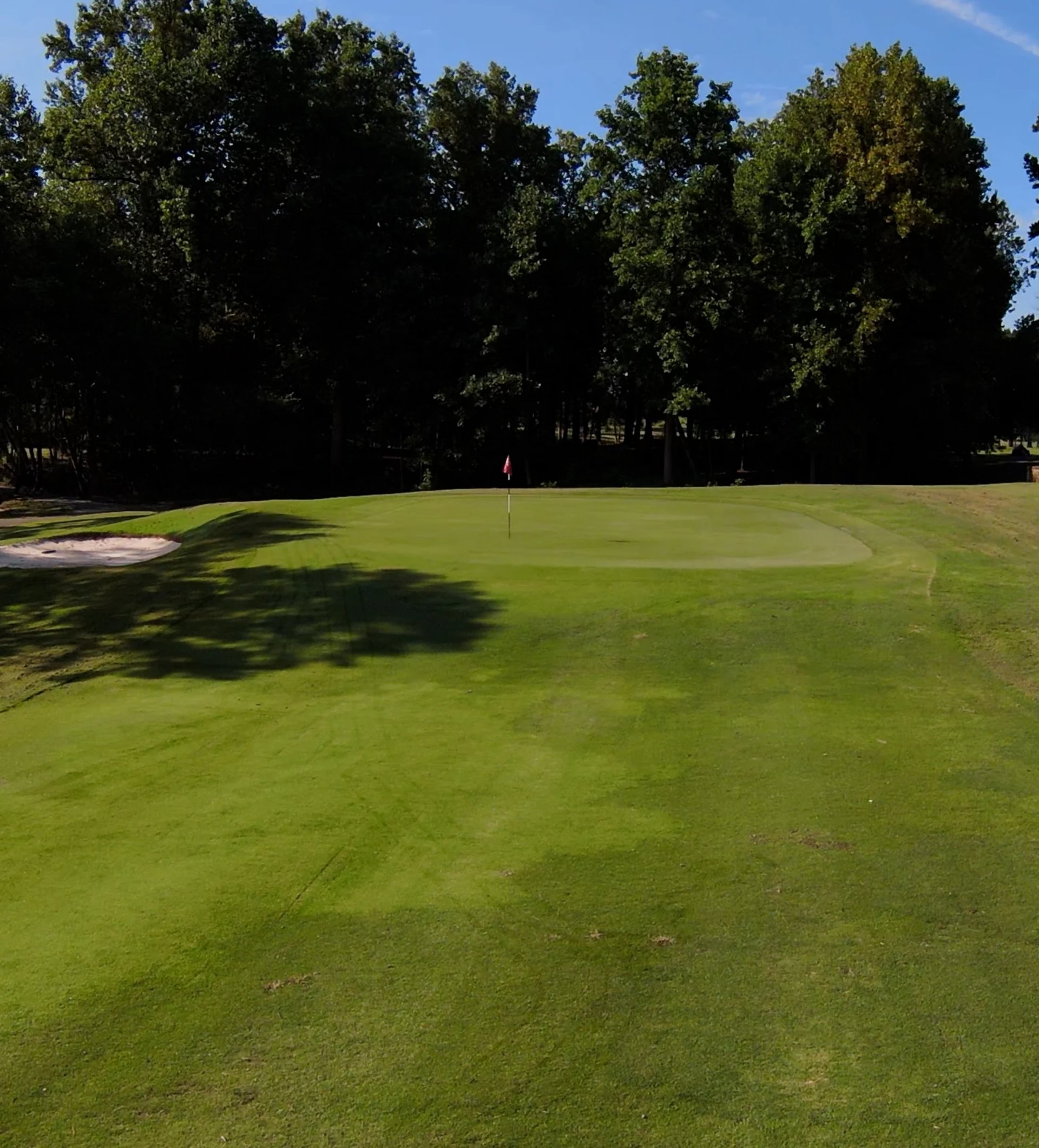 Well-maintained golf course green with flag stick, sand bunker, and mature trees lining the fairway under clear blue sky