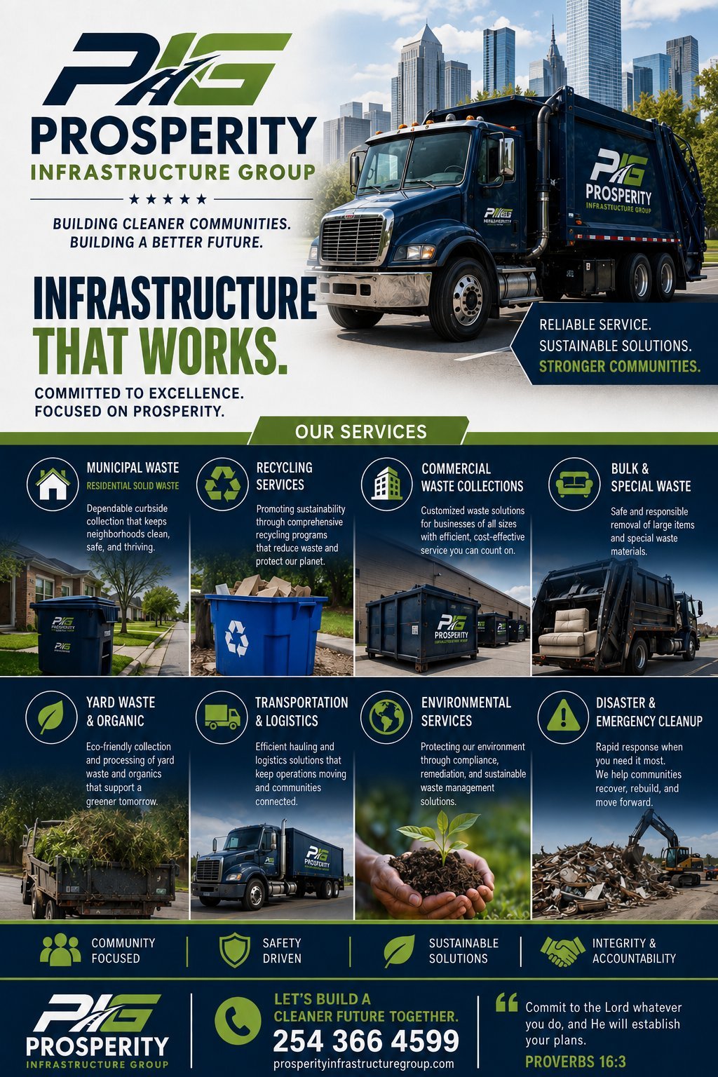 Prosperity Infrastructure Group waste management services flyer featuring blue garbage truck, service icons, and cityscape background