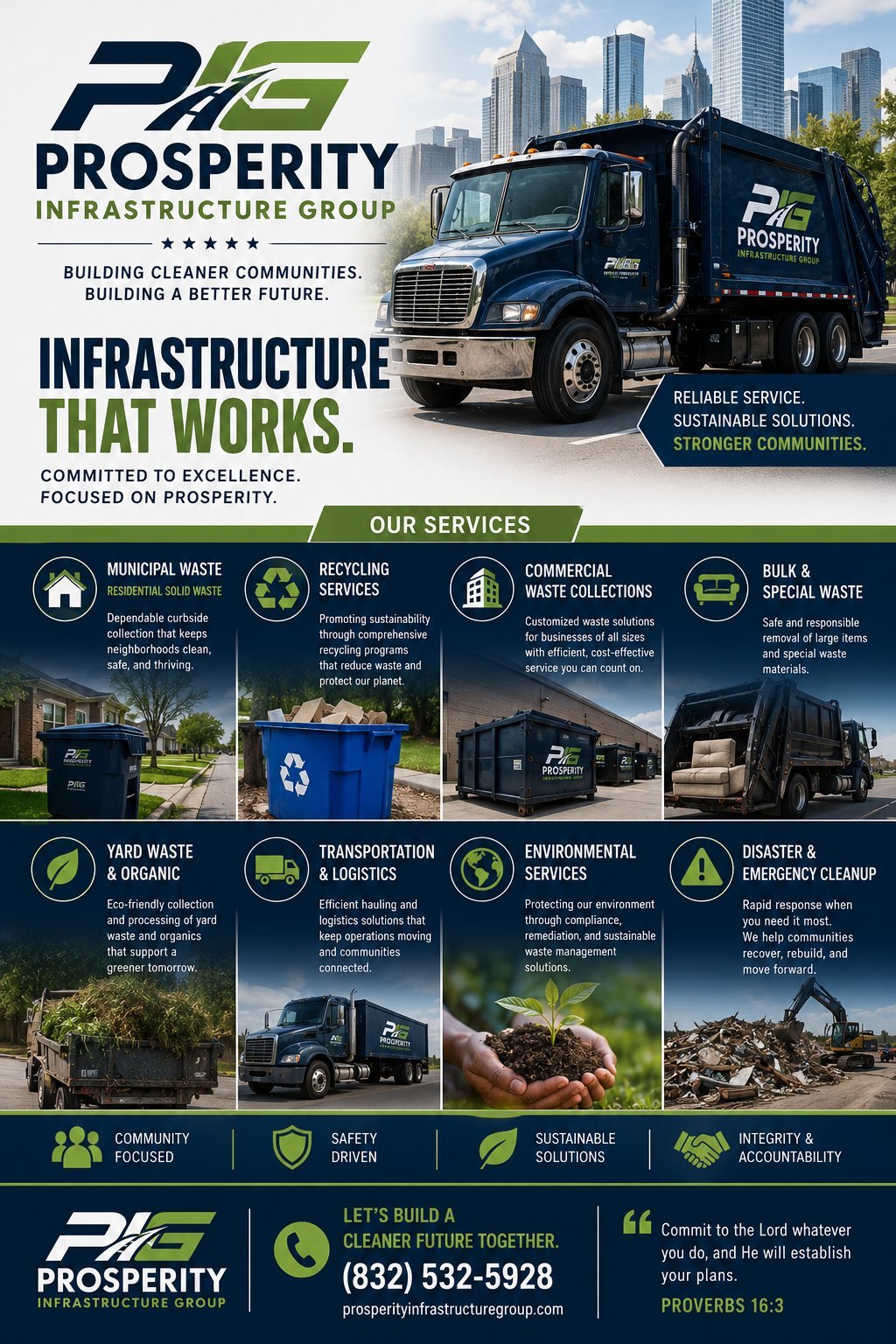 Prosperity Infrastructure Group company brochure showing waste management truck and services