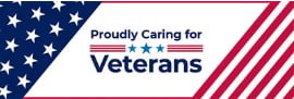 American flag banner with the text Proudly Caring for America's Veterans