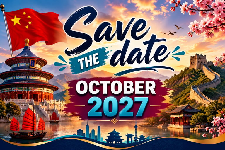 Save the date poster for October 2027 featuring Chinese landmarks, flag, cherry blossoms, and traditional architecture with sunset sky