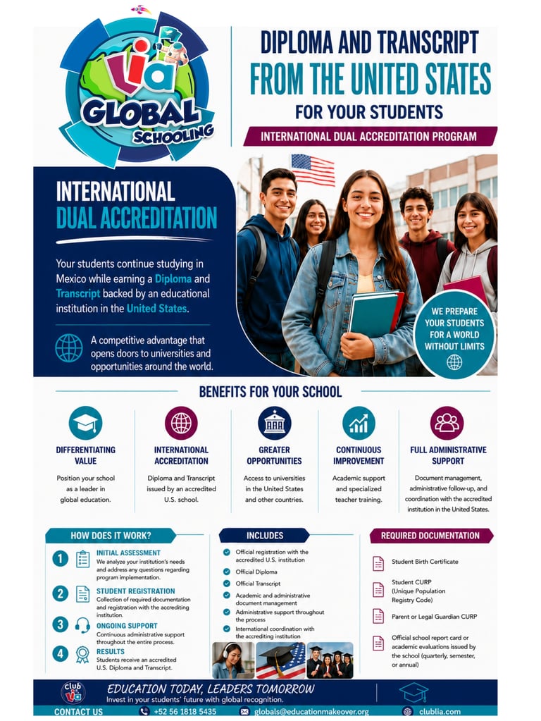 UGlobal Schooling promotional flyer for US diploma and transcript program with international dual accreditation for students