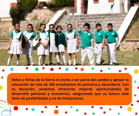 Group of children in green and white uniforms standing with arms linked on outdoor steps, with educational outreach message in Spanish