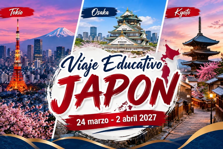 Educational trip to Japan promotional poster featuring Tokyo, Osaka, and Kyoto from March 24 to April 2, 2027
