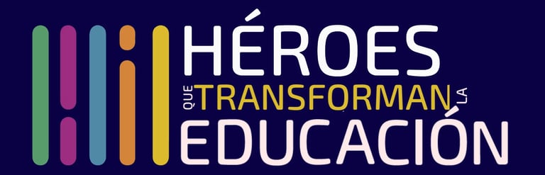 Logo con barras coloridas y texto Héroes que transforman la educación sobre fondo oscuro