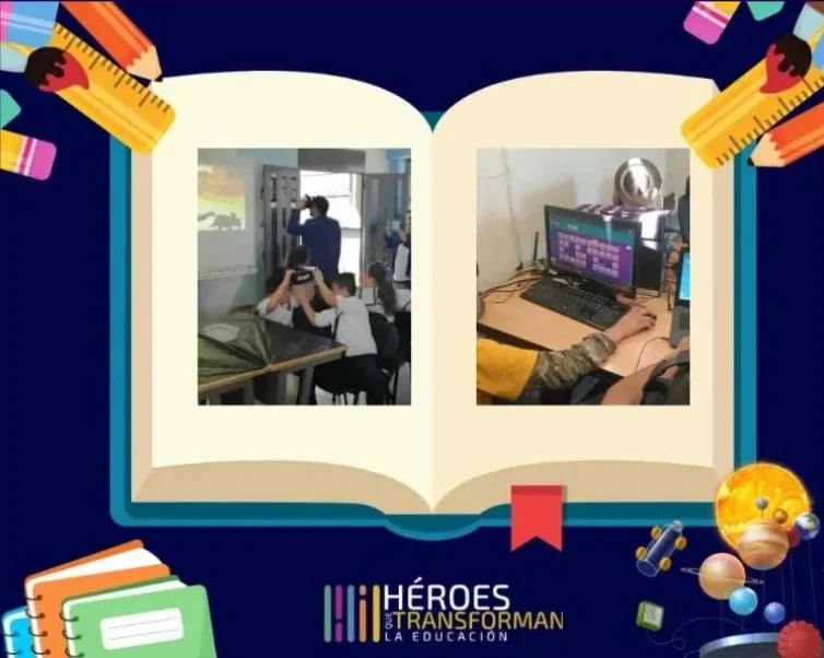 Open book showing two photos of people working on educational activities, surrounded by colorful school supplies and the Héroes de Román logo on navy background