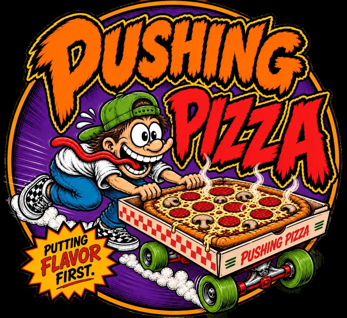 Pushing Pizza mascot logo - cartoon skater kid pushing a pizza box cart, Putting Flavor First