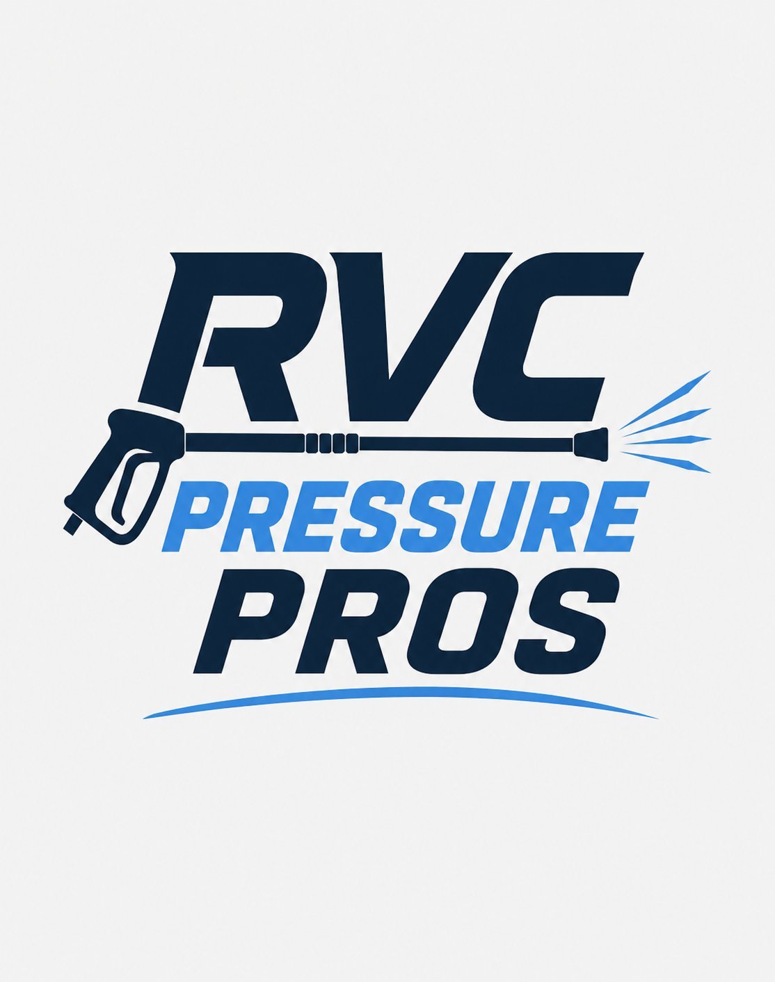 RVC Pressure Pros logo featuring a pressure washer gun and text in dark blue and light blue on a light gray background
