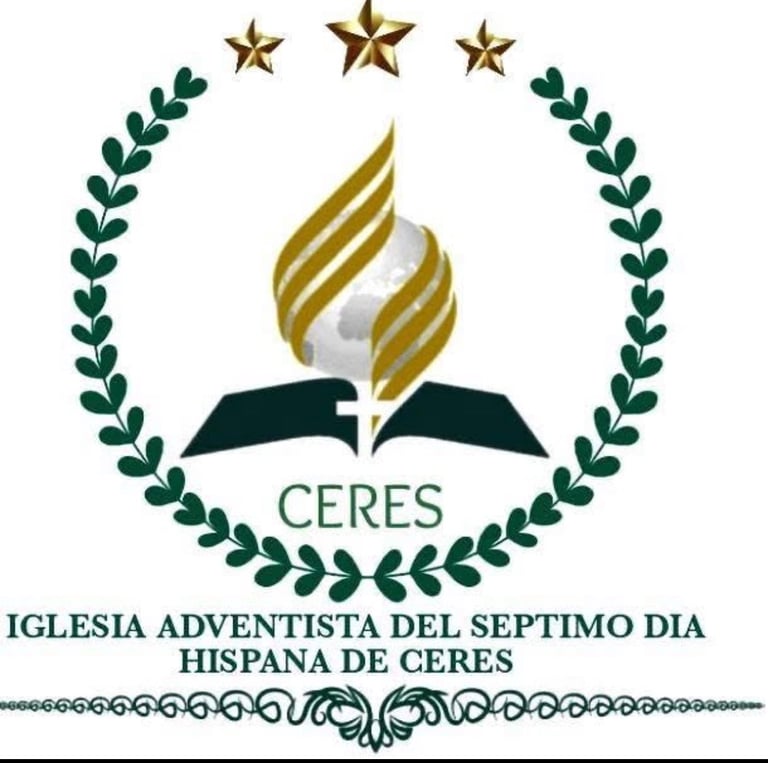 Logo for CERES Seventh-day Adventist Church with gold flame, open book, green laurel wreath, and three stars