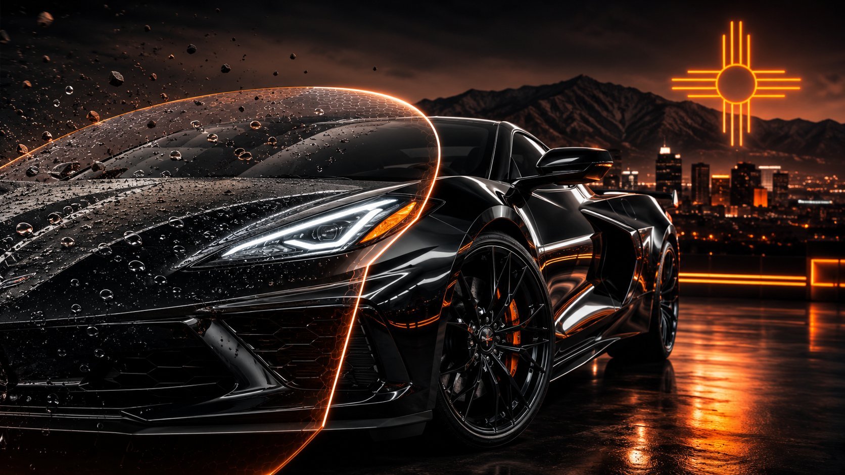 Black sports car with orange neon lights and glowing trail against nighttime city skyline with mountains