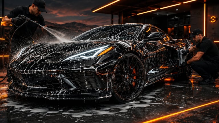 Black sports car being washed at night with foam, illuminated by warm orange lighting in a garage setting