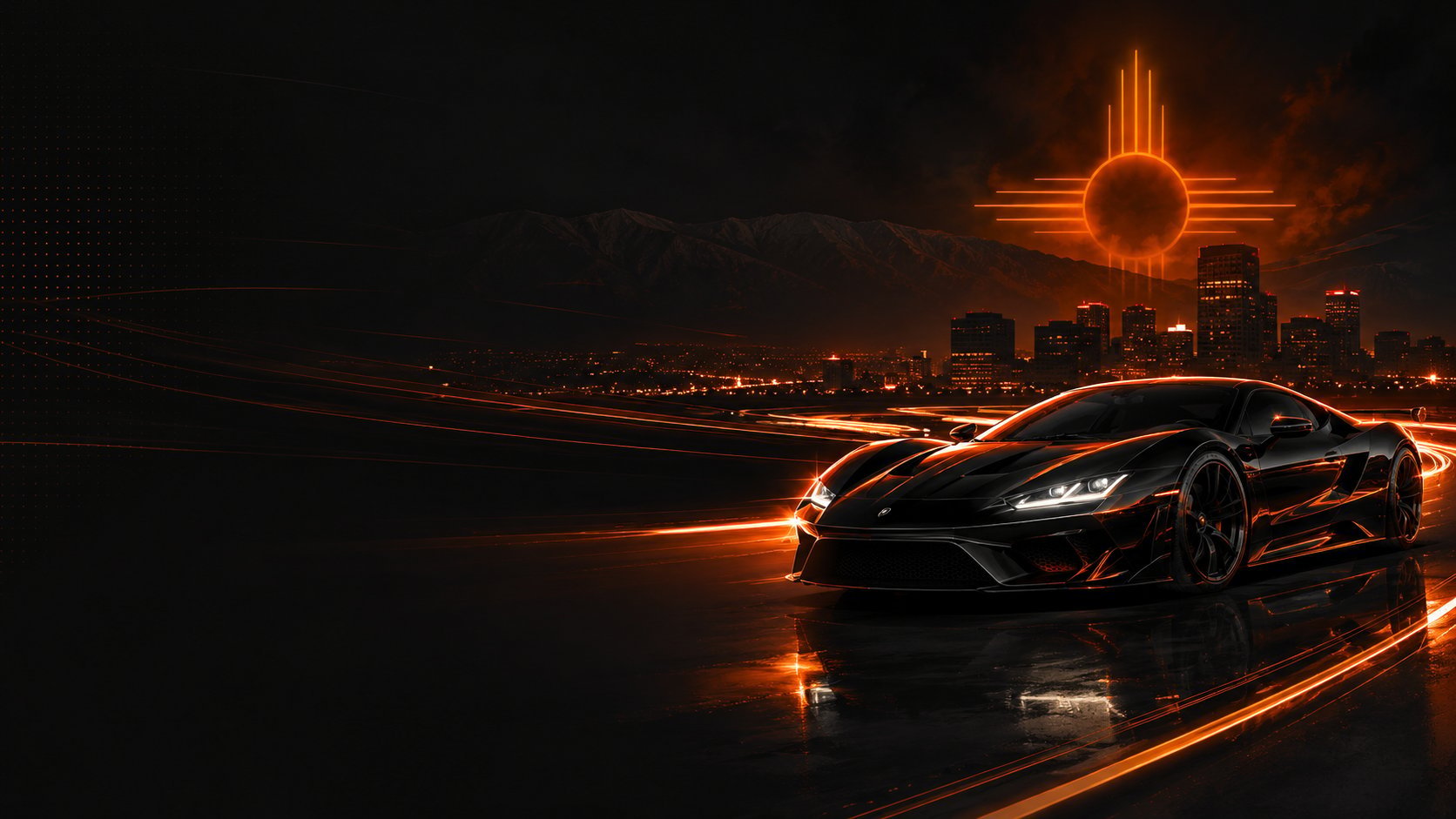 Black sports car parked on glowing street with futuristic cityscape and sun symbol glowing in dark sky