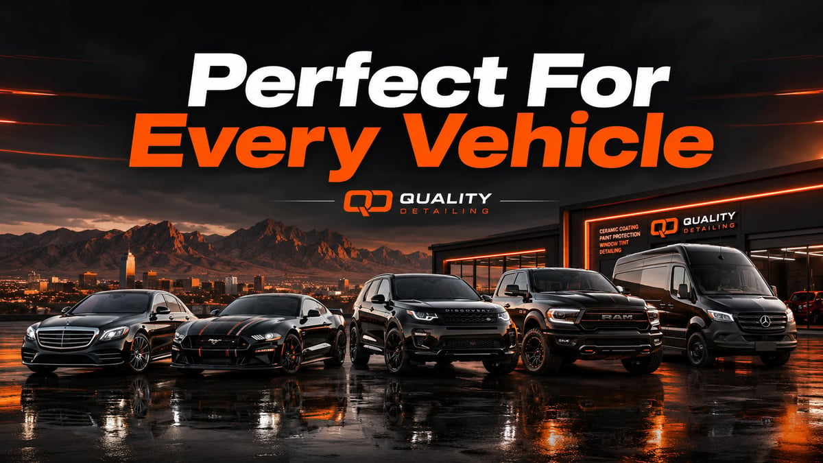 Row of black vehicles on wet pavement at night with text Perfect For Every Vehicle and Quality logo displayed above