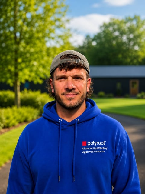 Man wearing blue Polyproof contractor hoodie and gray cap, standing outdoors with green trees and buildings in background