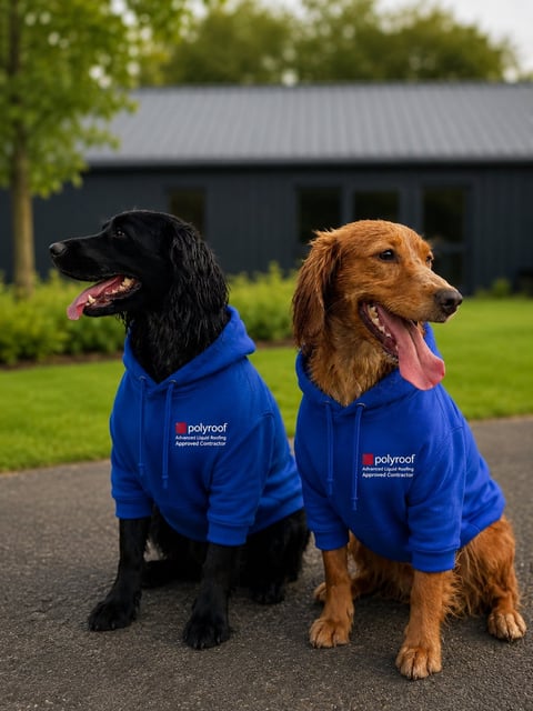 Two dogs wearing blue Polyproof hoodies sitting on a driveway with a green lawn and barn in the background