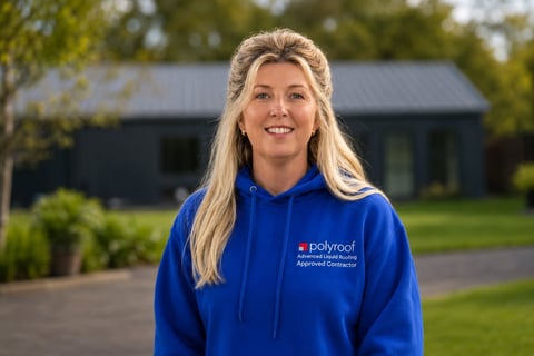 Woman with blonde hair wearing a blue Pollyrod branded hoodie, smiling outdoors with a house and trees in the background