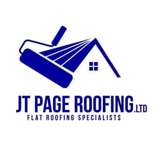 JT Page Roofing logo featuring a blue roof with paintbrush, representing flat roofing specialists