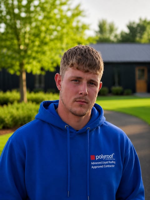 Young man in blue Polyroof hoodie standing outdoors with trees and modern building in background