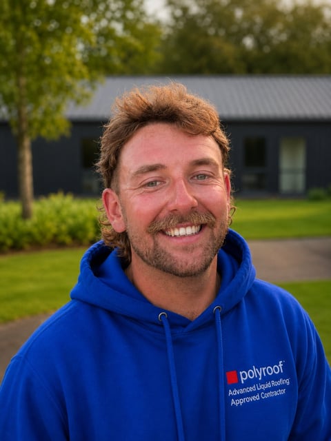 Man wearing blue Polyroof jacket smiling outdoors with house and trees in background